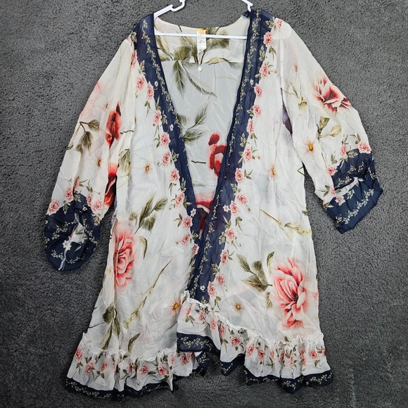 Agua Bendita Floral Print Tunic Open Front Kimono Cover Up Ruffle Trim Viscose - Picture 1 of 12